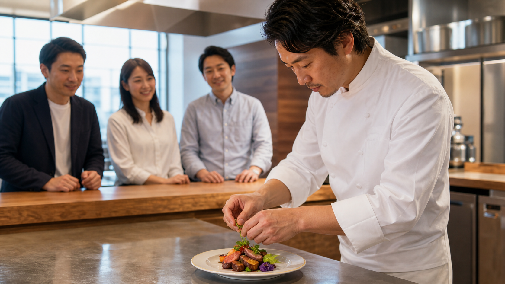 シェフがオフィスキッチンで料理する